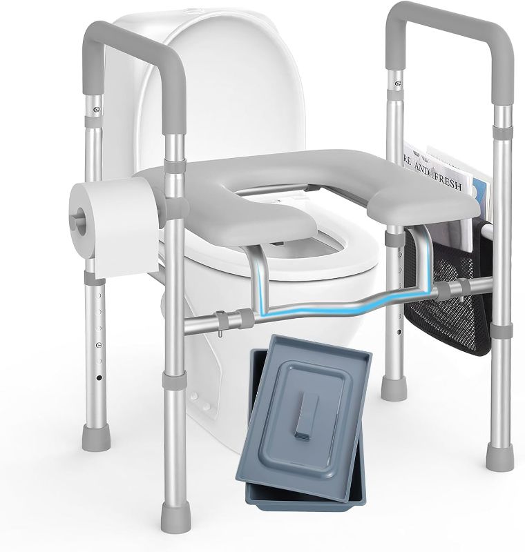 Photo 1 of Raised Toilet Seat with Handles -HSA 400LB Adjustable Width Height Elevated Toilet Seat Riser for Seniors with Cozy Padded Armrests Handles Paper Holder Bedside Commode for Elderly, Silver