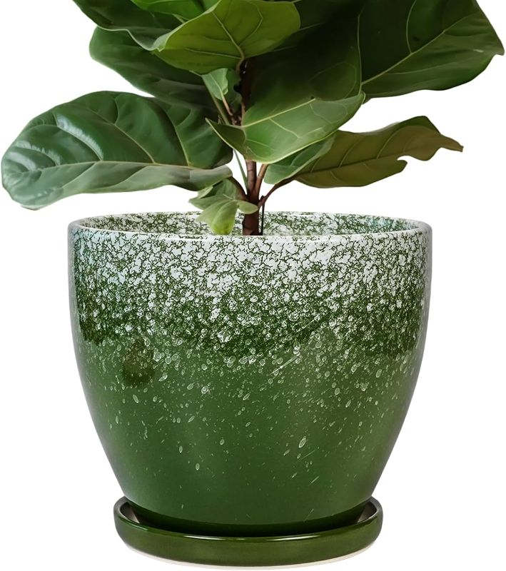 Photo 1 of 10 Inch Plant Pot - Ceramic Planters for Indoor Plants Outdoor, Large Planter with Drainage Hole and Saucer, Decorative Round Flower Pots, Garden House Decor, Gifts for Plant Lovers, Green