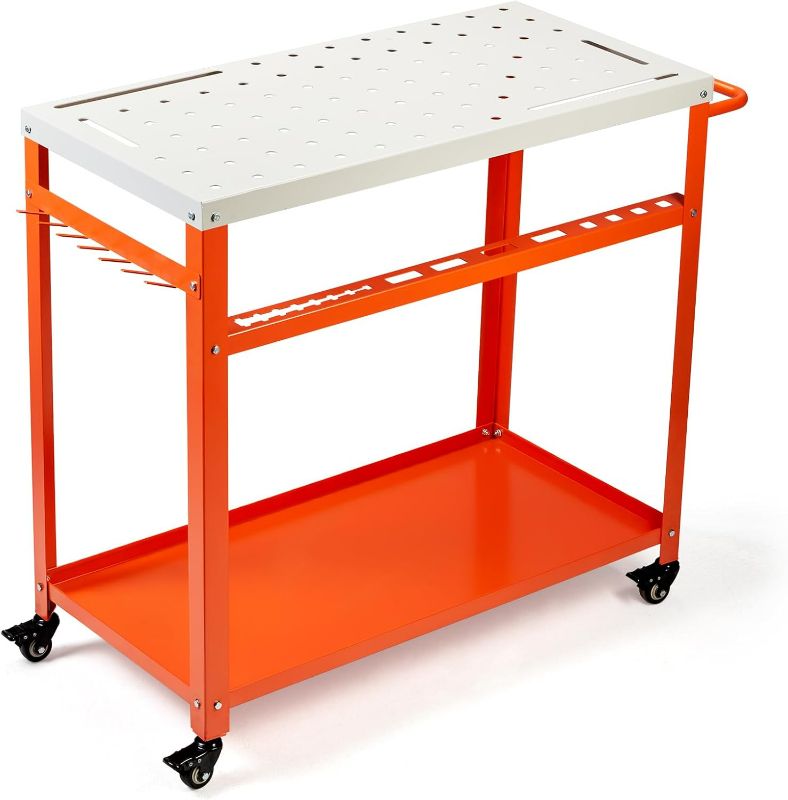 Photo 1 of Movable Workbench Table,35.8“x 18.1”Welding Table,1200LBS Static Weight Capacity,Sawhorse Tool Slots and Fixture Holes 5/8-inch Fixture Holes,4 Wheels (4 with Brake)