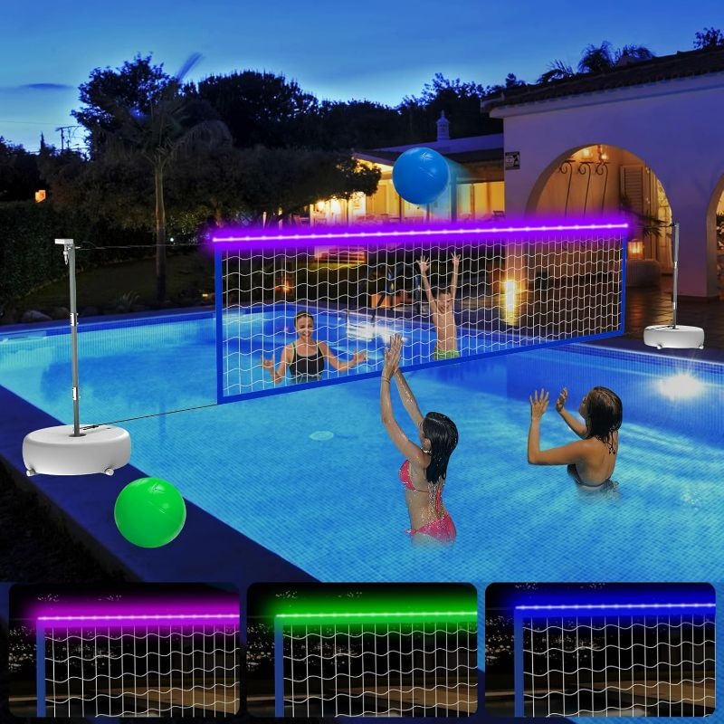 Photo 1 of Pool Volleyball Net Set with Lights, Solar Powered Portable Outdoor LED Volleyball Net for Pool with 2 Glowing Balls,Pump and Weighted Bases, Adjustable Length 15ft-32ft for Inground Pool.