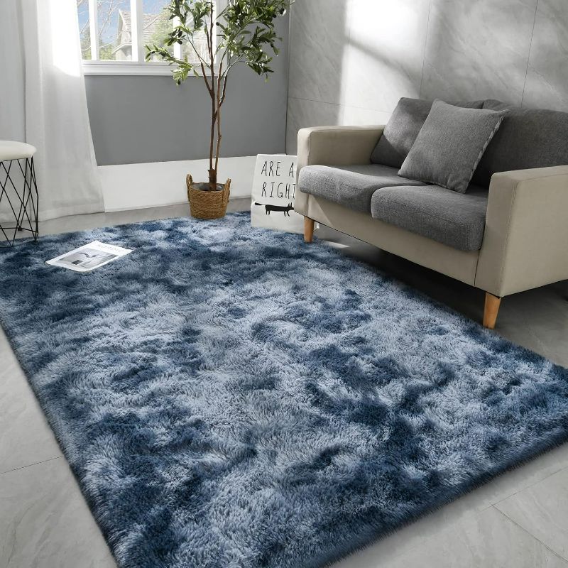 Photo 1 of Hutha 5x8 Large Area Rugs for Living Room, Super Soft Fluffy Modern Bedroom Rug, Tie-Dyed Blue Grey Indoor Shag Fuzzy Carpets for Girls Kids Nursery Room Home Decor