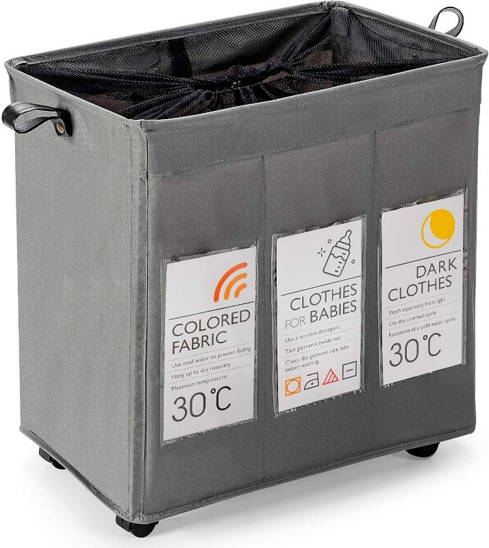 Photo 1 of Collapsible Laundry Basket, 3 Section Dirty Clothes Hamper with Wheels and Mesh Cover, 120L Large Rolling Laundry Sorter for Bathroom Laundry Room-Grey