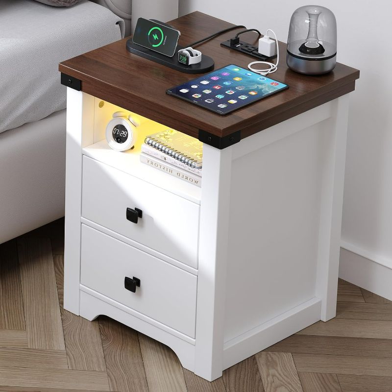 Photo 1 of Nightstand with Charging Station, Farmhouse Nightstand with LED Lights, Modern Rustic Side Table with 2 Storage Drawers, Wooden End Table for Bedroom, Antique White