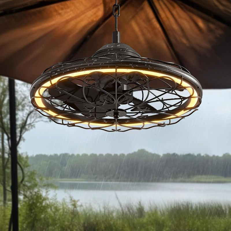 Photo 1 of 20" Outdoor Ceiling Fan, IP65 Waterproof Gazebo Fan with Light, Remote Control?6 Speeds?3CCT, Plug in Caged Ceiling Fan with Hanging Hook for Patio, Porch, Canopy