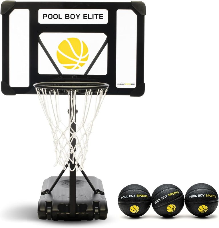 Photo 1 of Pool Basketball Hoop - Set Includes 3X Composite Leather Basketballs, Air Pump, & Tools - Adjustable Poolside Basketball Hoop - Made for Kids, Teens, & Adults