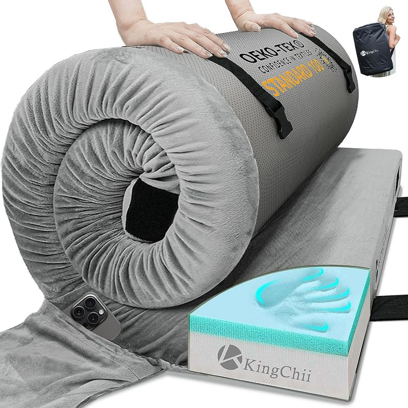 Photo 1 of KingChii CertiPUR-US Memory Foam Camping Mattress, Portable Roll Up Travel Car Camping Mattress Sleeping Pad & Floor Mattress, Cot Mattress Guest Bed for Sleepover with Waterproof Cover & Travel Bag