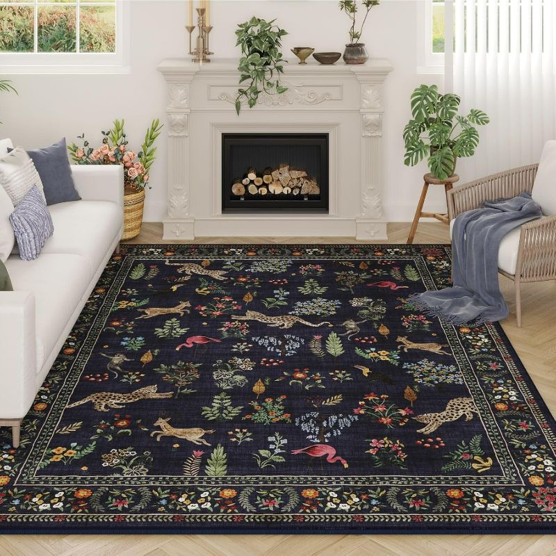 Photo 1 of Area Rugs 8x10 Rug for Living Room Clearance Washable Boho Area Rug Non Slip Floral Animal Vintage Low Pile Large Rug for Living Room, Bedroom, Farmhouse, Dining Room, Kids Playroom (Blue)