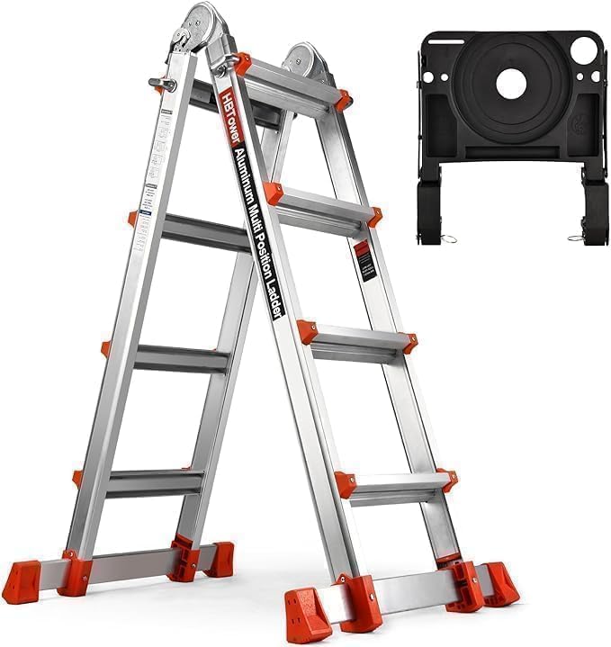 Photo 1 of HBTower A Frame 4 Step Extension Ladder, 17 Ft Multi Position Ladder with Removable Tool Tray and Stabilizer Bar, 330 lbs Capacity Telescoping La dder for Household and Outdoor Work (Orange,17FT)