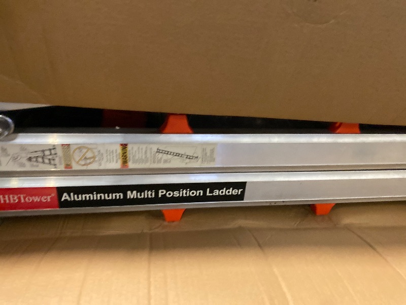 Photo 1 of HBTower A Frame 4 Step Extension Ladder, 17 Ft Multi Position Ladder with Removable Tool Tray and Stabilizer Bar, 330 lbs Capacity Telescoping La dder for Household and Outdoor Work (Orange,17FT)