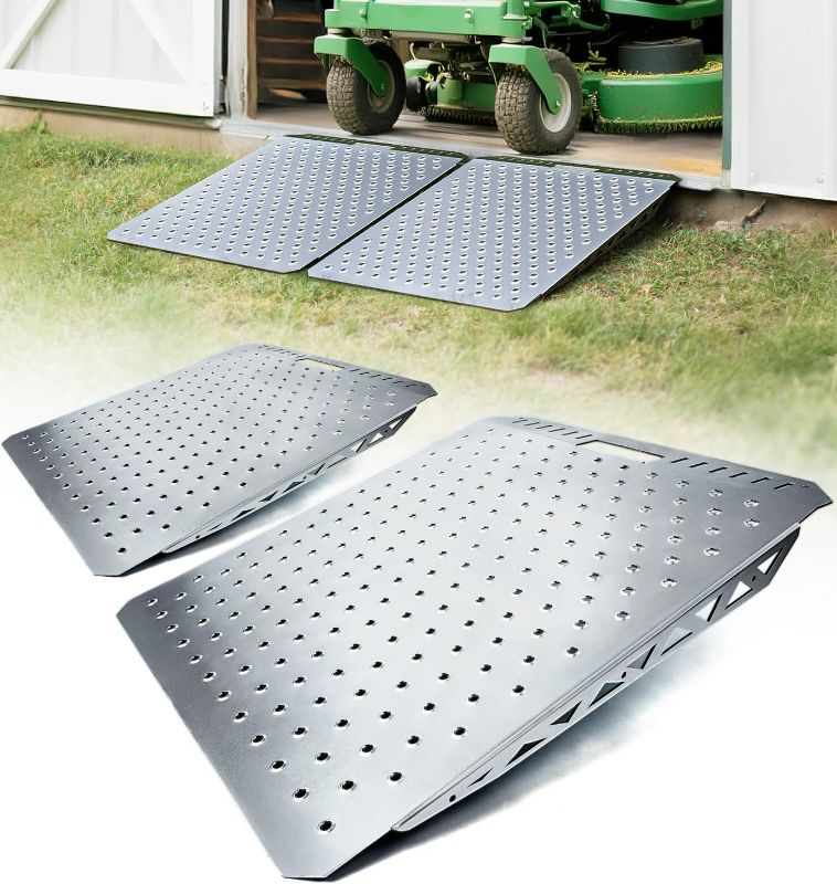 Photo 1 of Heavy-Duty Shed Ramp for Riding Mower, Ramps for Sheds Garage Threshold Doorway Lawn Mowers Tractor Snow Blower Wheelchairs Garden Cart, 1500LBs Loading Anti-Slip Punch Plate Ramp - 2 PCS