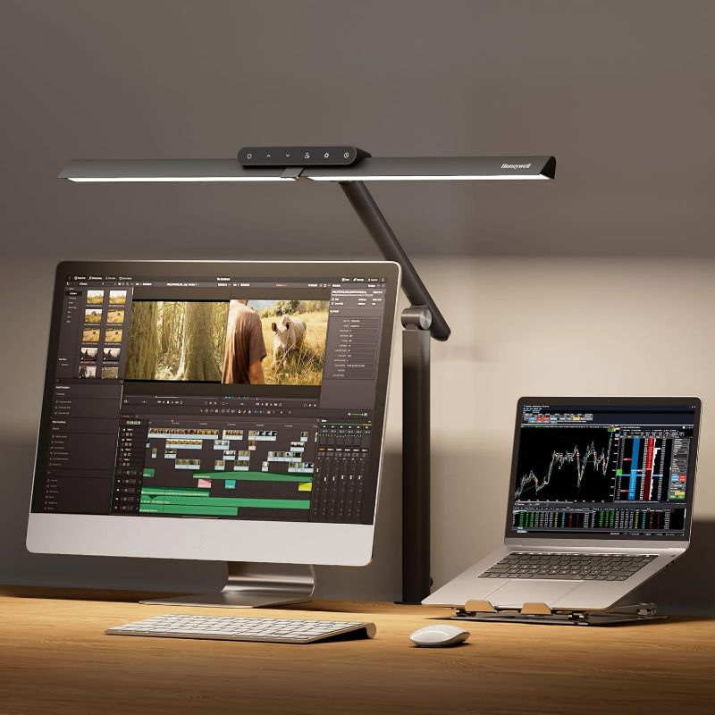 Photo 1 of Honeywell LED Desk Lamp with Clamp - HJ1 Sunturalux Eye-Caring Clip on Lights for Home Office, 1200LM Clamp Lamp 4 Color Modes Stepless Dimming Task Desk Light for Working Black