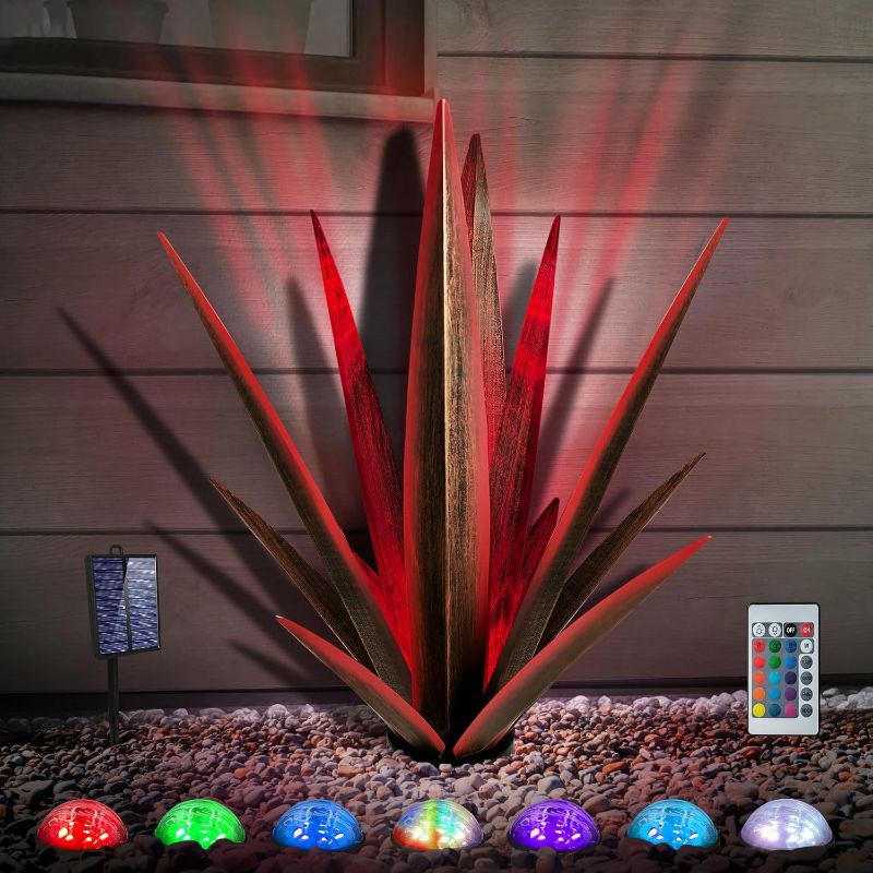 Photo 1 of Large Tequila Rustic Sculpture, Rustic Metal Agave Plants for Outdoor Patio Yard, Home Decor Hand Painted Metal Agave Garden Yard Statue, Outdoor Lawn Ornaments (Red - L (W/Solar Light))