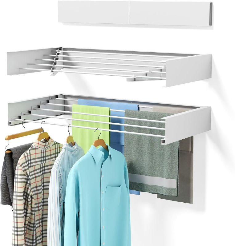 Photo 1 of Laundry Drying Rack Collapsible, Wall Mounted, Clothes Drying Rack, 31.5" Wide, 13.2 Linear Ft, 5 Aluminum Rods, 60 lb Capacity, Laundry Racks for Drying Clothes with Wall Template(White 31.5" )