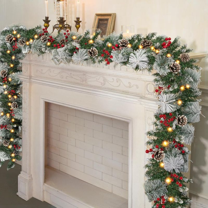 Photo 1 of 9ft Christmas Garland with Lights,Lighted Norfolk Pine Garland for Mantle,Prelit Real Touch Artificial Green Christmas Winter Garland with Large Burgundy Velvet Bow for Indoor Outdoor Decor