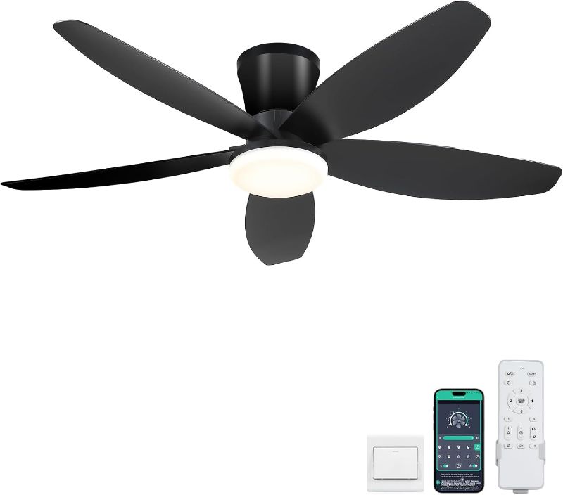 Photo 1 of 42" Ceiling Fans with Lights-Low Profile Ceiling Fan with Light and Remote/APP Control,Flush Mount,DC Reversible,LED Dimmable Black Ceiling Fans for Bedroom,Indoor/Outdoor Patio Use