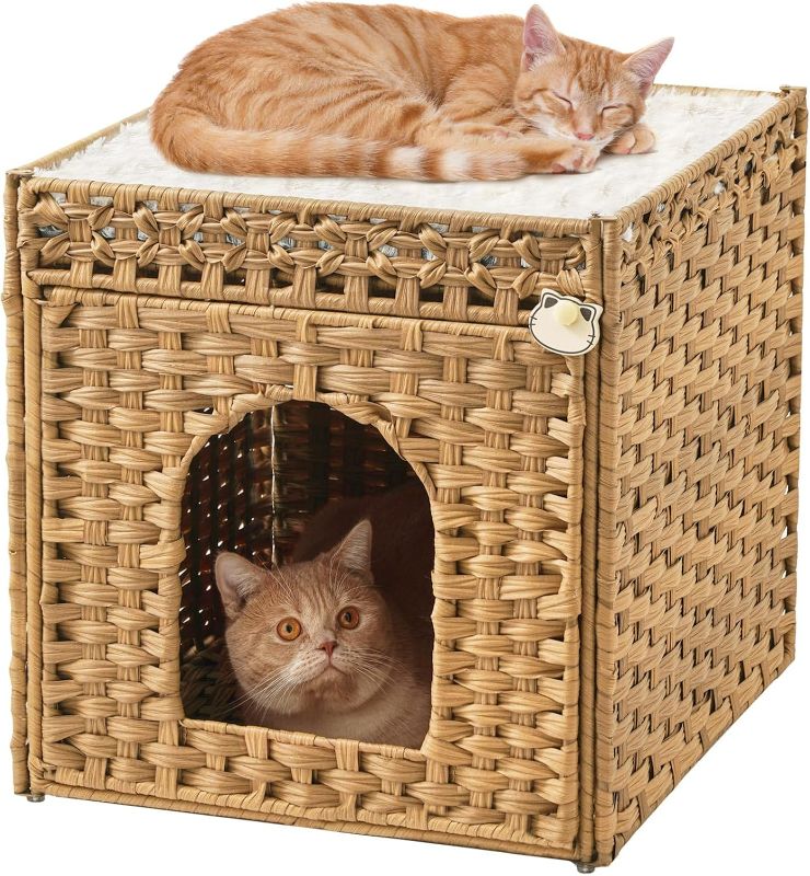 Photo 1 of Cat Beds for Indoor Cats Extra Large Double Cat Cave Pet Cube, Handwoven Rattan Cat Houses with Double-Sided Soft Cushions, 18.5 x 20.5 x 19.1 Inches Foldable Hideaway in Living Room Natural