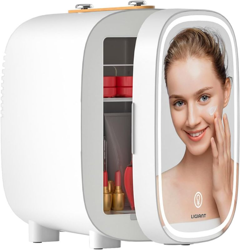 Photo 1 of DF01A Skincare Fridge, Mini Fridge for Skincare with 3-Level Dimmable LED Light Mirror, Low Noise 4L Makeup, Cooler & Warmer, Portable Design for Multiple Uses - Bedroom, Office, and Car