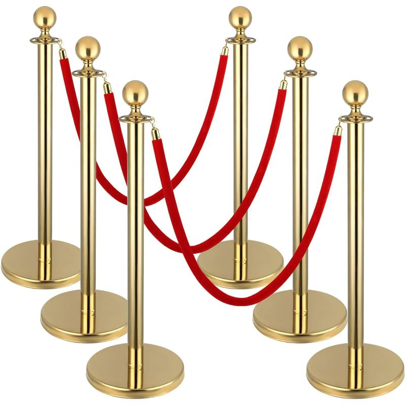 Photo 1 of 6pcs Stanchion Rope Line Divider Posts with 4pcs 1.5m Red Velvet Rope, Red Carpet Ropes and Poles,Crowd Line Barriers, Gold Stanchions Queue Barrier Reception with Fillable Plastic Base