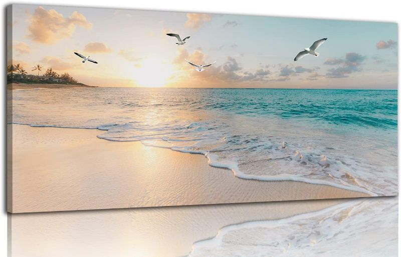 Photo 1 of Beach Wall Art Decor for Living Room Ocean Canvas Picture for Wall Gold Sunset Painting for Bedroom Blue Seascape Theme Art Print for Bathroom Home Office Decoration Ready to Hang(20"×40")