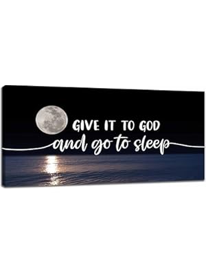 Photo 1 of Large Give It to God and Go to Sleep Sign Canvas Wall Art Quiet Sea Moon Pictures for Bedroom Wall Decor Christian Religious Inspirational Painting Print Artworks Decor Framed for Living Room 30"x60"
