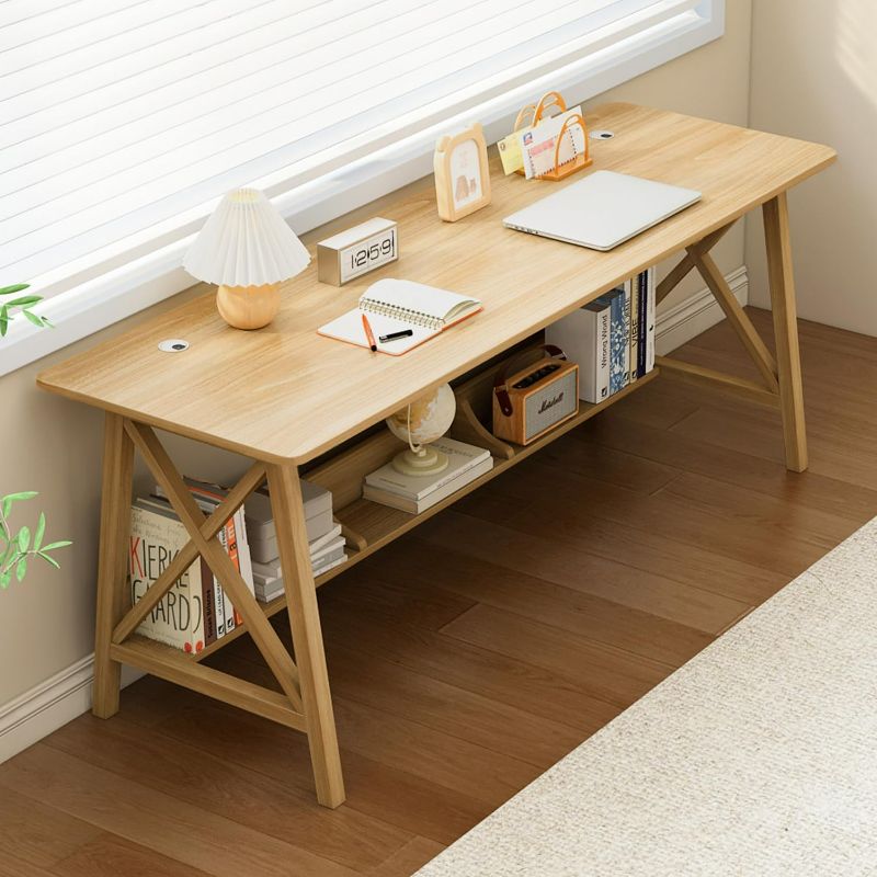Photo 1 of Extra Long Desk with Bookshelf - Wooden Home Office Work Study Table, 2-Person Writing Computer Workstation with Storage Shelf in Oak, 63" Wx20 Dx30 H