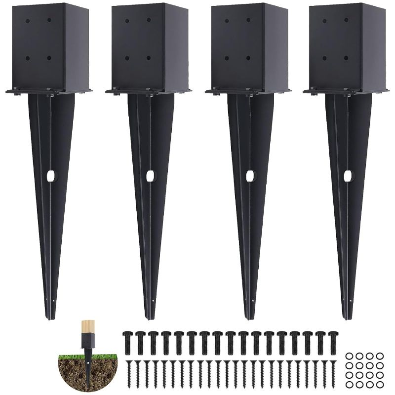 Photo 1 of 4 Pcs 4"x4" Fence Post Anchor,Inner Size 3.6"x3.6"? Heavy Duty Fence Post Anchor Ground Spike 22" with Black Powder-Coated Outdoor Support Deck,Fence,Porch,Railing,Mailbox.