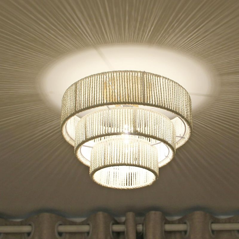 Photo 1 of Rattan Light Fixtures Ceiling Boho Light Fixtures Ceiling with LED Variable Light Bulb Rattan Flush Mount Ceiling Light Boho Chandelier Farmhouse Wicker Ceiling Light for Living Dining Room