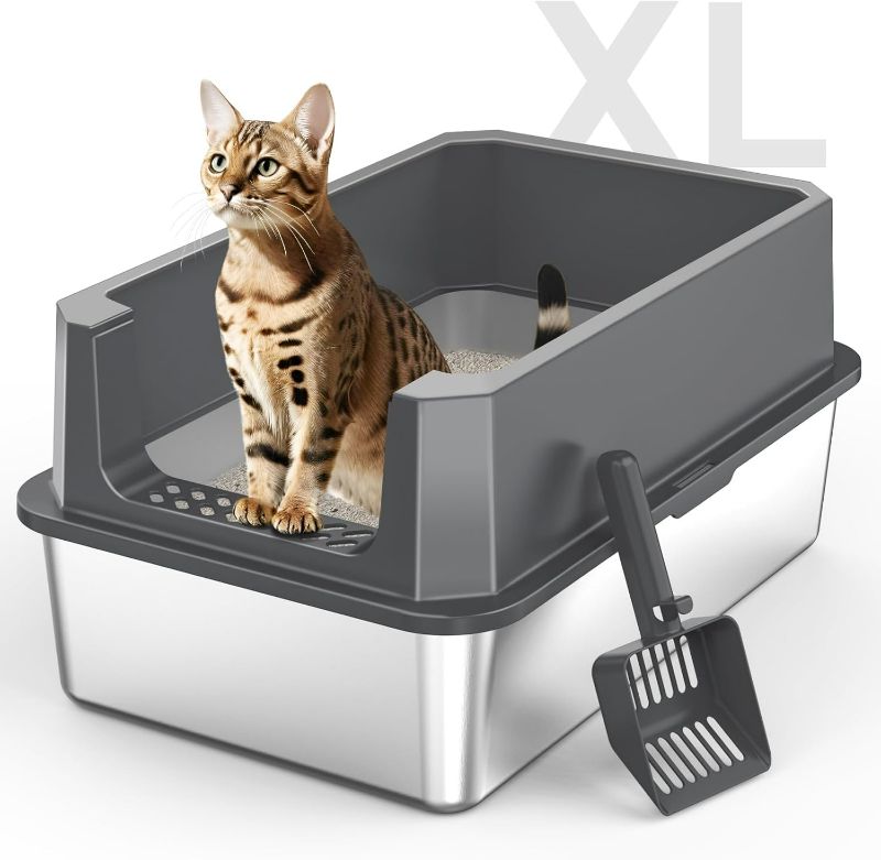 Photo 1 of Stainless Steel Litter Box, Extra Large Litter Boxes for Big Cats, XLarge Metal Cat Litter Box with Lid, Anti-Urine Leakage XL Box with High Sides, Easy Clean, Non-Sticky, Scoop Included