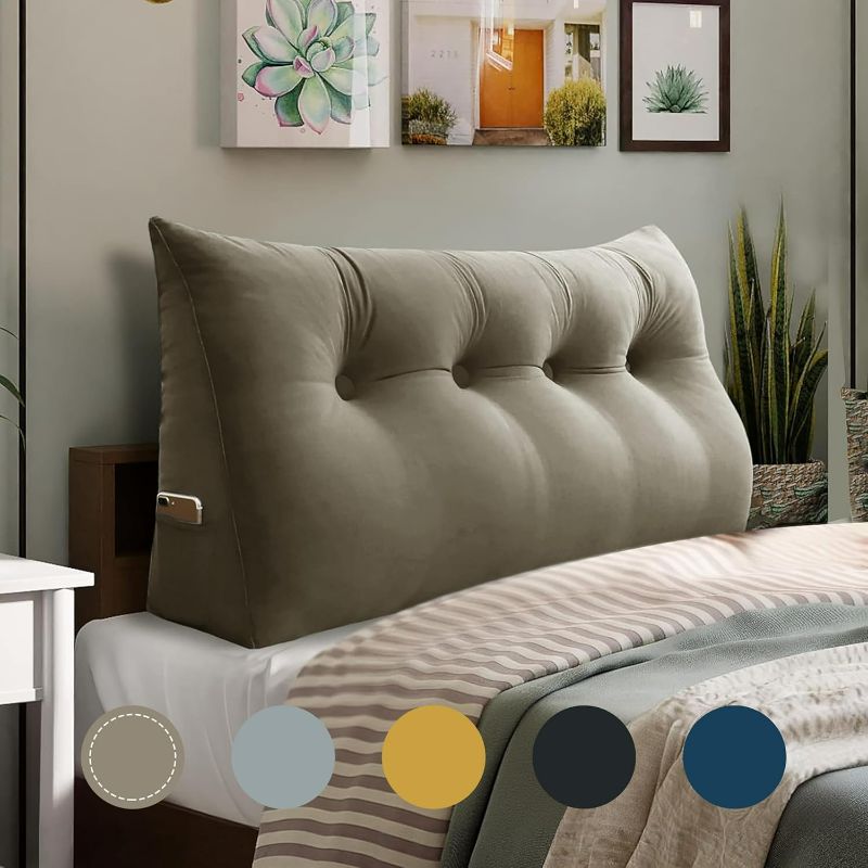 Photo 1 of WOWMAX Triangular Headboard Pillow Full Bed Wedge Pillow for Headboard Large Bolster Pillow for Bed Wedge Pillow Headboard Daybed Pillows with Removable Cover, Velvet(100% Cotton), Beige-Gray