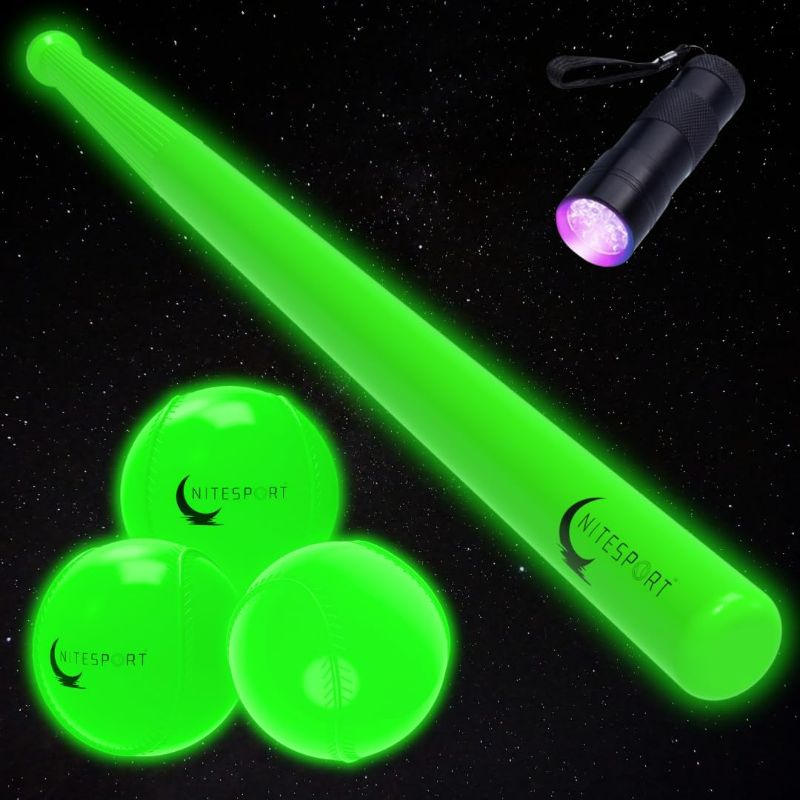 Photo 1 of Glow in The Dark Plastic Baseball Bat w/ 3 Plastic Glow in The Dark Baseballs 1 UV Flashlight Bundle
