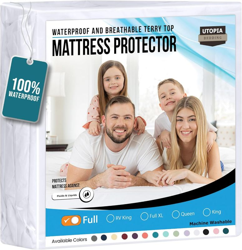 Photo 1 of Utopia Bedding Waterproof Mattress Protector Full Size, Premium Terry Mattress Cover 200 GSM, Breathable, Fitted Style with Stretchable Pockets (White)