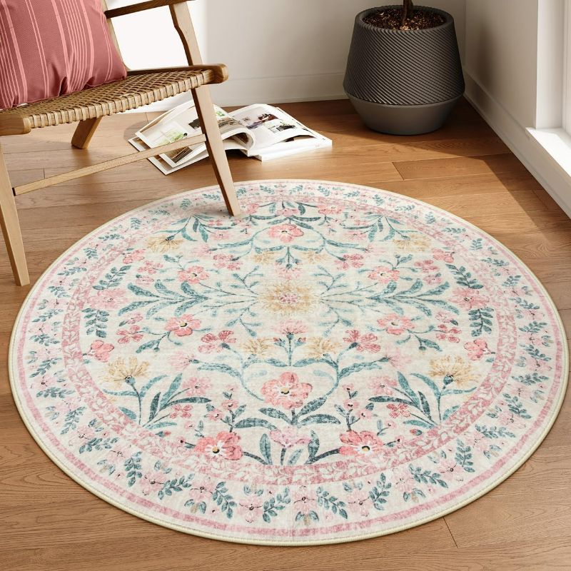 Photo 1 of Lahome Boho Light Pink Round Rug 4ft, Washable Small Circle Rugs for Bedroom, Pink and Green Nursery Circular Carpet Girl, Soft Non-Slip Round Carpet for Kids Sunroom, Blush