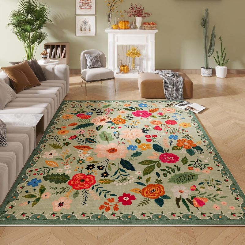 Photo 1 of Living Room Rug 5x7 Rug Machine Washable Boho Area Rug Non Slip Floral Vintage Low Pile Large Rugs for Living Room, Bedroom, Farmhouse, Dining Room, Kids Playroom(Green)