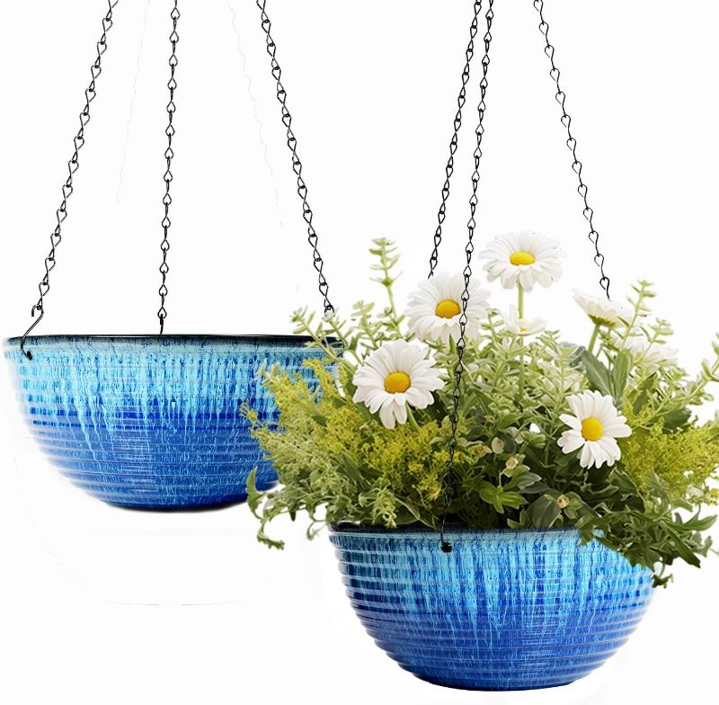 Photo 1 of 10inch Hanging Planters for Indoor and Outdoor Plants, 2 Pack Hanging Planter with Drainage Hole, Round Hanging Flower Pots for Garden Home Decor (Blue Glaze)