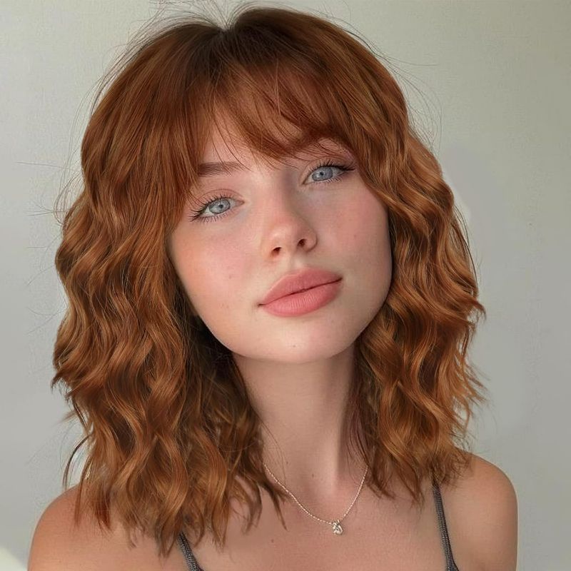 Photo 1 of Lativ Auburn Wig with Bangs Short Bob Wigs With Dark Roots for Women Shoulder Length Ginger Wavy Curly Wigs Synthetic Fiber Wigs 14 Inches for Daily Party Use