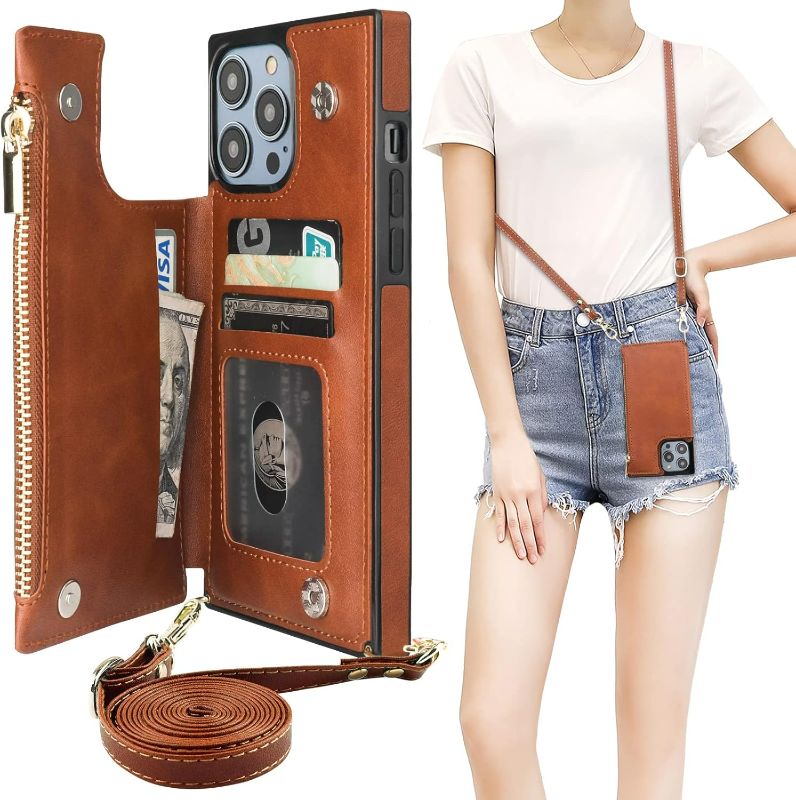 Photo 1 of Bocasal Crossbody Wallet Case for iPhone 16 Pro Max with RFID Block | Card Slot Holder | Magnetic Flip Folio Purse Case | PU Leather Zipper Handbag | Detachable Lanyard Strap | 6.3 Inch | 5G | Brown