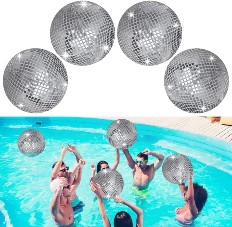 Photo 1 of 4 Pieces 11 Inch Inflatable Disco Ball Inflatable Ball with Disco Ball Cover Rope Christmas Hanging Decorated Disco Ball Party Decorations, Party Design for Swimming Pool Decorations Outdoor