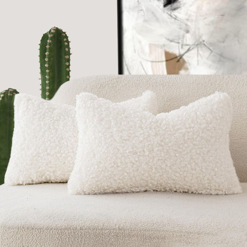 Photo 1 of Foindtower Set of 2 Curly Teddy Wool Faux Fur Pillow Covers Decorative Boucle Textured Lumbar Throw Pillow Oblong Accent Pillowcases Sheepskin Cushion Case for for Chair and Couch 12"x20" White