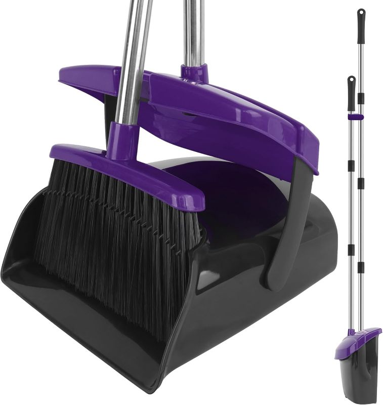 Photo 1 of Broom and Dustpan Set, 51" Long Handle Broom with Dustpan Combo Set, Windproof and Self-Cleaning Teeth, Purple Household Dust Pan Set Sweep Kitchen Office Lobby Pet Room