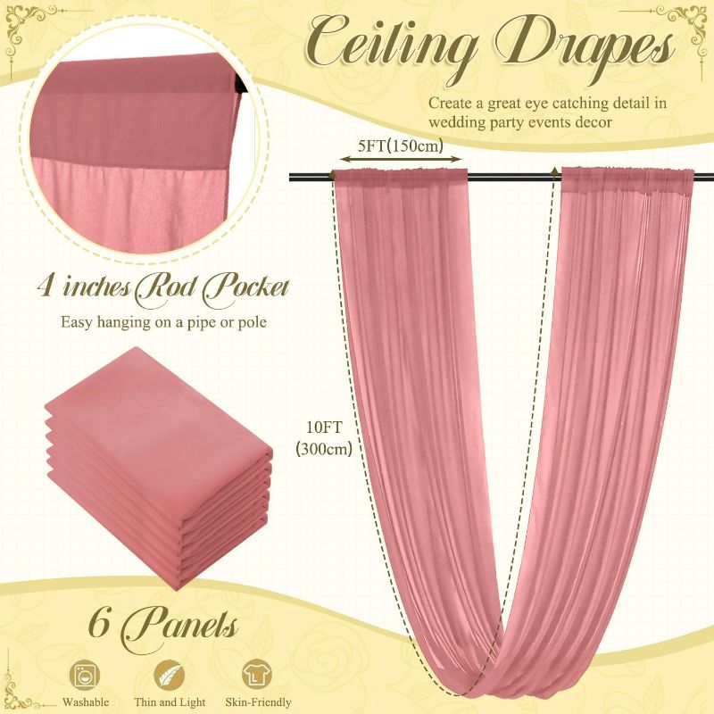 Photo 1 of Wedding Ceiling Drapes 2 Panels Dusty Rose Chiffon Ceiling Draping Wedding Arch Fabric Drape for Ceilings Drapery Ceremony Swag Decorations Ceilings Tulle Drapery for Parties