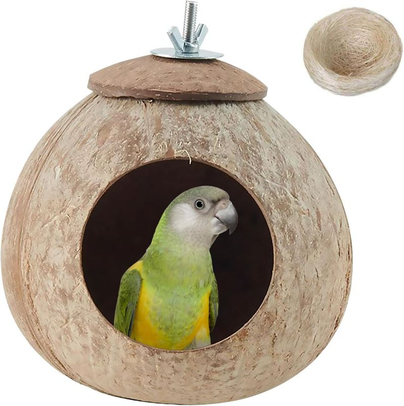 Photo 1 of Coconut Bird Nest for Cage Natural Coconut Shell Birds House Parakeet Small Coconut Hide Breeding Hut Bird Cage Accessories for Parrot Lovebirds Budgies Cockatiel Conure Finch Canary