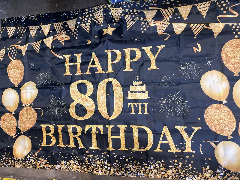 Photo 1 of 8x6ft Happy 80th Birthday Party Photography Backdrop, Glitter Black and Gold Balloons Background for Woman Man Fabulous 80 Bday Shining Diamond Eighty Years Old Birthday Party Supplies