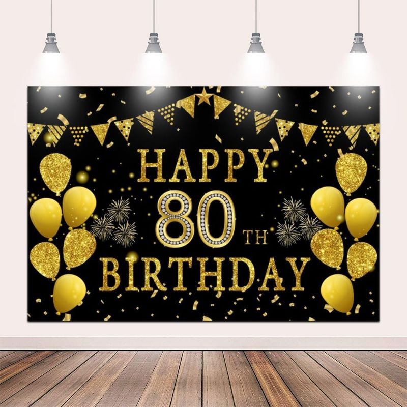 Photo 1 of 8x6ft Happy 80th Birthday Party Photography Backdrop, Glitter Black and Gold Balloons Background for Woman Man Fabulous 80 Bday Shining Diamond Eighty Years Old Birthday Party Supplies