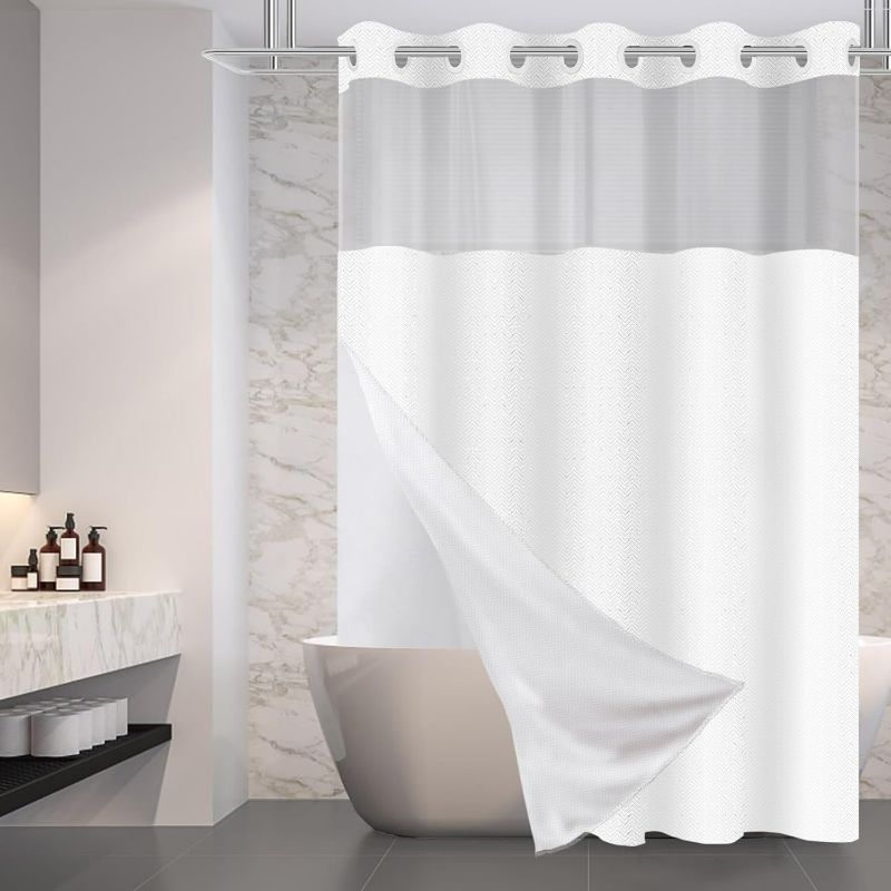 Photo 1 of No Hook Shower Curtain with Snap in Fabric Liner Set - Modern Hotel Chevron Styel for Bathroom, Textured Double Layer Ringless, White 71" W x 74" H