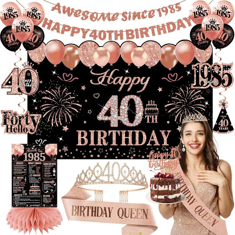 Photo 1 of 40th Birthday Decorations for Women Black Rose Gold, 40th Birthday Crown and Sash Awesome Since 1985 Banner Backdrop Balloons Cake Topper Table Sign Hanging Swirls Vintage 1985 Gifts 21pcs