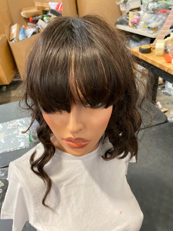 Photo 1 of Nnzes Short Wavy Bob Wig with Bangs for Women Shoulder Length Curly Brown Chocolate Synthetic Heat-Resistant Fiber Hair for Daily & Party Use
