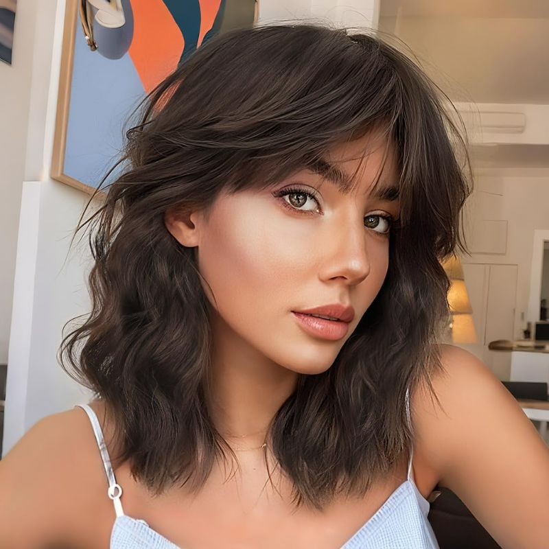 Photo 1 of Nnzes Short Wavy Bob Wig with Bangs for Women Shoulder Length Curly Brown Chocolate Synthetic Heat-Resistant Fiber Hair for Daily & Party Use