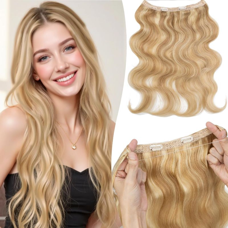 Photo 1 of Halo Hair Extensions Wavy Curly, 100% Real Human Hair,No Tangle & Smooth,Invisible Wire Extensions for Women,55g, 12 Inch,#Wavy Gold Blonde Mixed Bleach Blonde