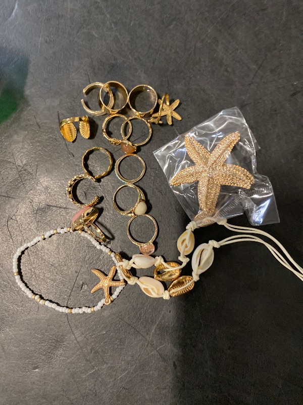 Photo 1 of 16 Pcs Beach Jewelry for Women Seashell Starfish Earrings Rings Boho Summer Beach White Anklet Set Summer Jewelry Set