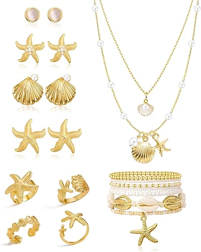 Photo 1 of 16 Pcs Beach Jewelry for Women Seashell Starfish Earrings Rings Boho Summer Beach White Anklet Set Summer Jewelry Set
